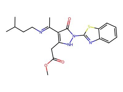methyl [(4E)-1-(1,3-benzothiazol-2-yl)-4-{1-[(3-methylbutyl)amino]ethylidene}-5-oxo-4,5-dihydro-1H-pyrazol-3-yl]acetate structure