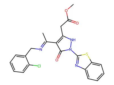 methyl [(4E)-1-(1,3-benzothiazol-2-yl)-4-{1-[(2-chlorobenzyl)amino]ethylidene}-5-oxo-4,5-dihydro-1H-pyrazol-3-yl]acetate structure