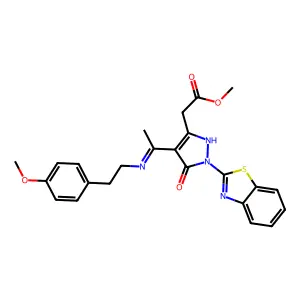 methyl [(4E)-1-(1,3-benzothiazol-2-yl)-4-(1-{[2-(4-methoxyphenyl)ethyl]amino}ethylidene)-5-oxo-4,5-dihydro-1H-pyrazol-3-yl]acetate structure