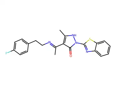 (4E)-2-(1,3-benzothiazol-2-yl)-4-(1-{[2-(4-fluorophenyl)ethyl]amino}ethylidene)-5-methyl-2,4-dihydro-3H-pyrazol-3-one structure