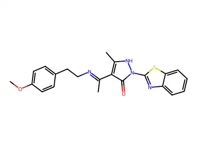 (4E)-2-(1,3-benzothiazol-2-yl)-4-(1-{[2-(4-methoxyphenyl)ethyl]amino}ethylidene)-5-methyl-2,4-dihydro-3H-pyrazol-3-one structure
