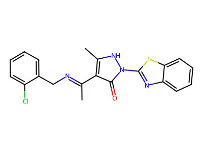 (4E)-2-(1,3-benzothiazol-2-yl)-4-{1-[(2-chlorobenzyl)amino]ethylidene}-5-methyl-2,4-dihydro-3H-pyrazol-3-one structure