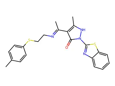 (4E)-2-(1,3-benzothiazol-2-yl)-5-methyl-4-[1-[2-(4-methylphenyl)sulfanylethylamino]ethylidene]pyrazol-3-one structure