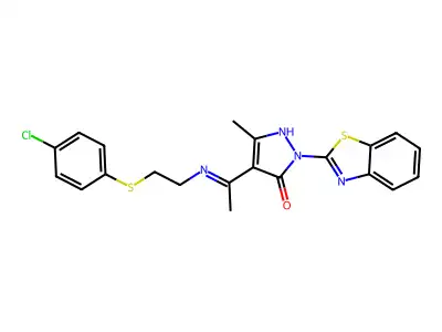 (4E)-2-(1,3-benzothiazol-2-yl)-4-[1-({2-[(4-chlorophenyl)sulfanyl]ethyl}amino)ethylidene]-5-methyl-2,4-dihydro-3H-pyrazol-3-one structure
