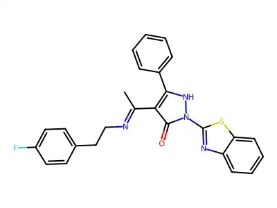 (4E)-2-(1,3-benzothiazol-2-yl)-4-(1-{[2-(4-fluorophenyl)ethyl]amino}ethylidene)-5-phenyl-2,4-dihydro-3H-pyrazol-3-one structure