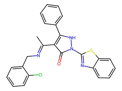 (4E)-2-(1,3-benzothiazol-2-yl)-4-{1-[(2-chlorobenzyl)amino]ethylidene}-5-phenyl-2,4-dihydro-3H-pyrazol-3-one structure