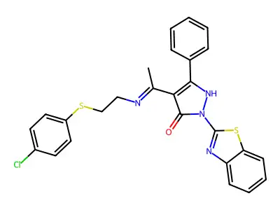 (4E)-2-(1,3-benzothiazol-2-yl)-4-[1-({2-[(4-chlorophenyl)sulfanyl]ethyl}amino)ethylidene]-5-phenyl-2,4-dihydro-3H-pyrazol-3-one structure
