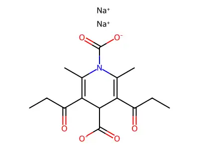 2,6-Dimethyl-3,5-bis(1-oxopropyl)-1,4(4H)-pyridinedicarboxylic acid sodium salt structure