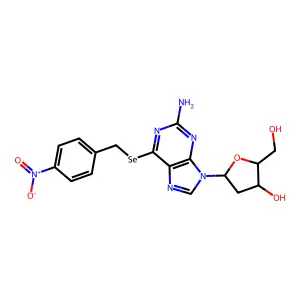 5-[2-amino-6-[(4-nitrophenyl)methylselanyl]purin-9-yl]-2-(hydroxymethyl)oxolan-3-ol structure