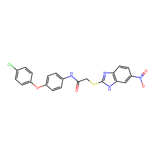 N-(4-(4-chlorophenoxy)phenyl)-2-((5-nitro-1H-benzo[d]imidazol-2-yl)thio)acetamide structure