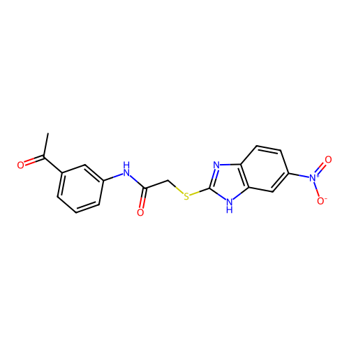 N-(3-acetylphenyl)-2-[(5-nitro-1H-benzimidazol-2-yl)sulfanyl]acetamide structure