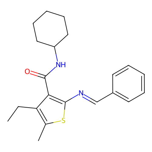 2-(benzylideneamino)-N-cyclohexyl-4-ethyl-5-methyl-3-thiophenecarboxamide structure