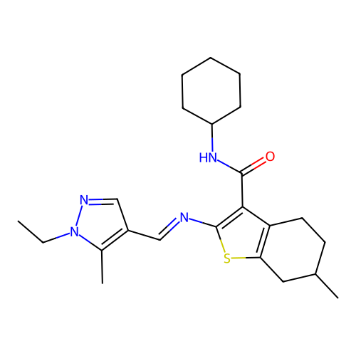 N-cyclohexyl-2-[(E)-(1-ethyl-5-methylpyrazol-4-yl)methylideneamino]-6-methyl-4,5,6,7-tetrahydro-1-benzothiophene-3-carboxamide structure