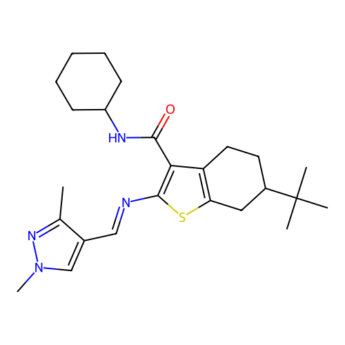 6-tert-butyl-N-cyclohexyl-2-[(E)-(1,3-dimethylpyrazol-4-yl)methylideneamino]-4,5,6,7-tetrahydro-1-benzothiophene-3-carboxamide structure