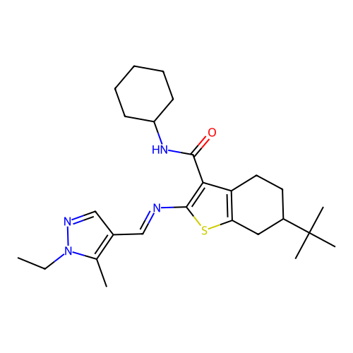 6-tert-butyl-N-cyclohexyl-2-[(E)-(1-ethyl-5-methylpyrazol-4-yl)methylideneamino]-4,5,6,7-tetrahydro-1-benzothiophene-3-carboxamide structure