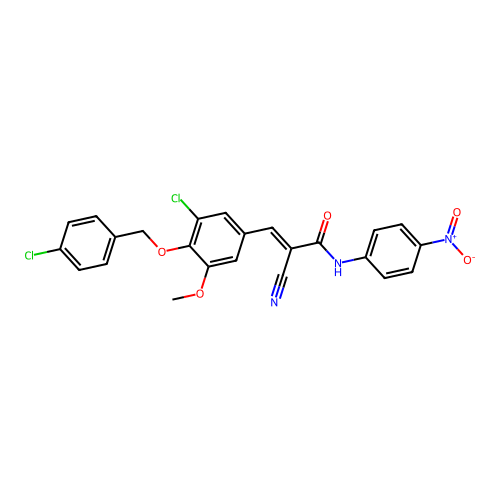 (E)-3-[3-chloro-4-[(4-chlorophenyl)methoxy]-5-methoxyphenyl]-2-cyano-N-(4-nitrophenyl)prop-2-enamide structure