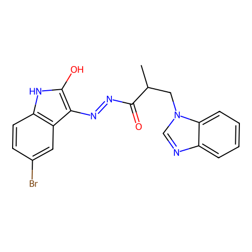 3-(1H-benzimidazol-1-yl)-N'-[(3E)-5-bromo-2-oxo-1,2-dihydro-3H-indol-3-ylidene]-2-methylpropanehydrazide structure