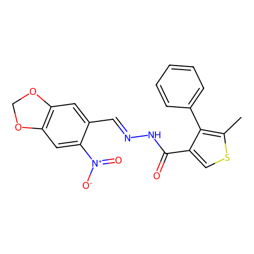 5-methyl-N'-[(E)-(6-nitro-1,3-benzodioxol-5-yl)methylidene]-4-phenylthiophene-3-carbohydrazide structure
