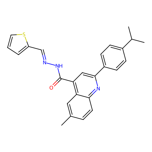 6-methyl-2-(4-propan-2-ylphenyl)-N-(thiophen-2-ylmethylideneamino)quinoline-4-carboxamide structure