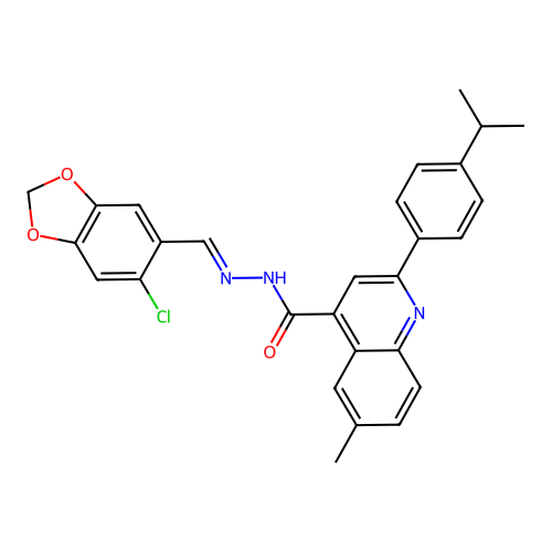 N'-[(E)-(6-chloro-1,3-benzodioxol-5-yl)methylidene]-6-methyl-2-[4-(propan-2-yl)phenyl]quinoline-4-carbohydrazide structure