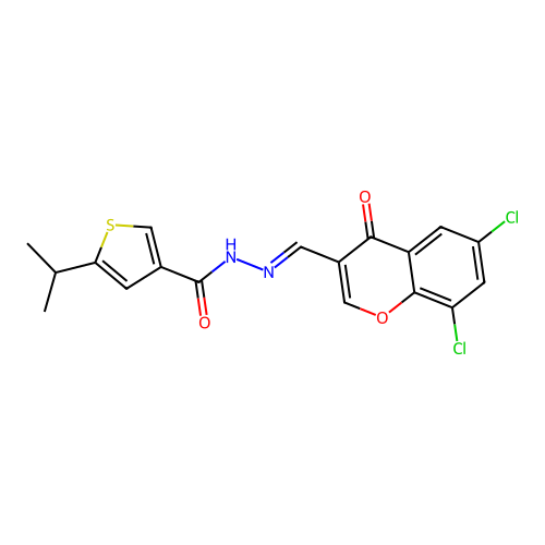 N'-[(E)-(6,8-dichloro-4-oxo-4H-chromen-3-yl)methylidene]-5-(propan-2-yl)thiophene-3-carbohydrazide structure