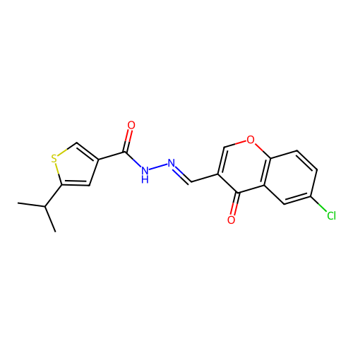 N-[(6-chloro-4-oxo-chromen-3-yl)methylideneamino]-5-propan-2-yl-thiophene-3-carboxamide structure