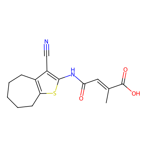 (2E)-3-[N-(3-cyano(4,5,6,7,8-pentahydrocyclohepta[1,2-d]thiophen-2-yl))carbamo yl]-2-methylprop-2-enoic acid structure