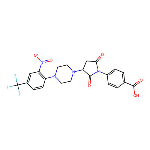4-(3-{4-[2-nitro-4-(trifluoromethyl)phenyl]piperazin-1-yl}-2,5-dioxopyrrolidin-1-yl)benzoic acid structure