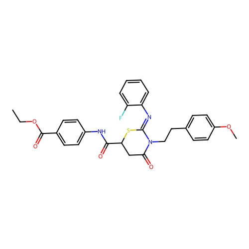 (Z)-ethyl 4-(2-((2-fluorophenyl)imino)-3-(4-methoxyphenethyl)-4-oxo-1,3-thiazinane-6-carboxamido)benzoate structure