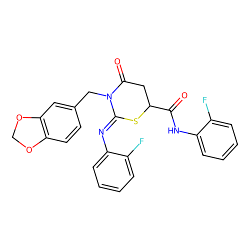 (2Z)-3-(1,3-benzodioxol-5-ylmethyl)-N-(2-fluorophenyl)-2-[(2-fluorophenyl)imino]-4-oxo-1,3-thiazinane-6-carboxamide structure