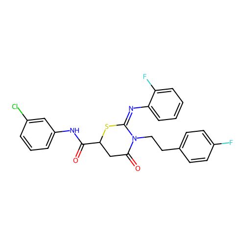 (2Z)-N-(3-chlorophenyl)-3-[2-(4-fluorophenyl)ethyl]-2-[(2-fluorophenyl)imino]-4-oxo-1,3-thiazinane-6-carboxamide structure