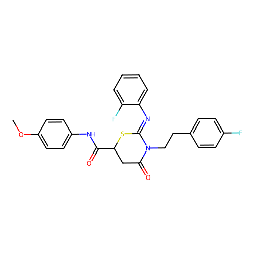 (2Z)-3-[2-(4-fluorophenyl)ethyl]-2-[(2-fluorophenyl)imino]-N-(4-methoxyphenyl)-4-oxo-1,3-thiazinane-6-carboxamide structure