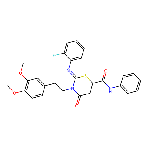 (2Z)-3-[2-(3,4-dimethoxyphenyl)ethyl]-2-[(2-fluorophenyl)imino]-4-oxo-N-phenyl-1,3-thiazinane-6-carboxamide structure
