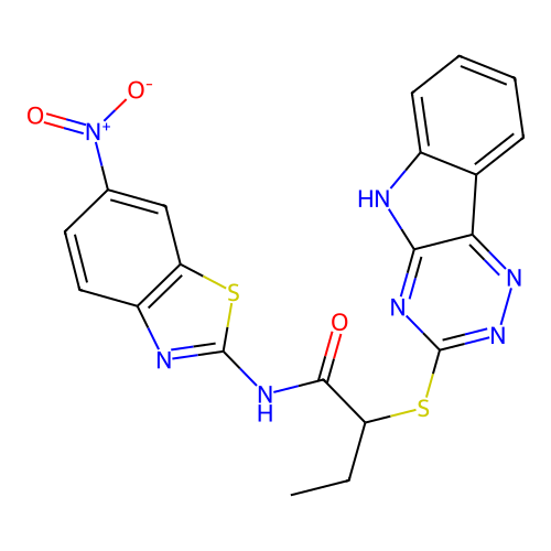 N-(6-nitro-1,3-benzothiazol-2-yl)-2-(5H-[1,2,4]triazino[5,6-b]indol-3-ylsulfanyl)butanamide structure