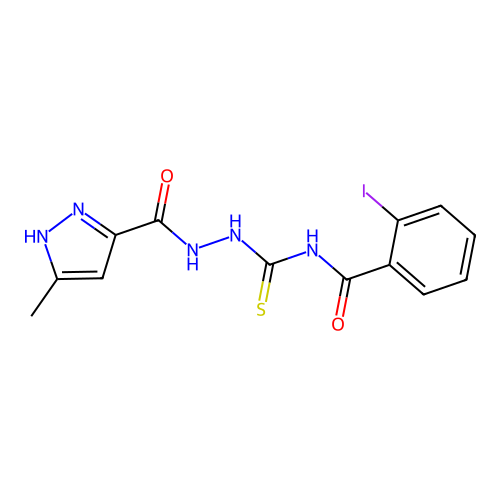 2-iodo-N-[[(5-methyl-1H-pyrazole-3-carbonyl)amino]carbamothioyl]benzamide structure