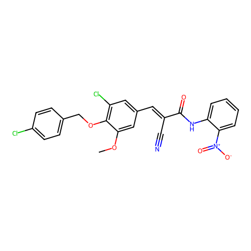 (E)-3-[3-chloro-4-[(4-chlorophenyl)methoxy]-5-methoxyphenyl]-2-cyano-N-(2-nitrophenyl)prop-2-enamide structure