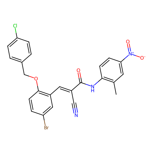 (E)-3-[5-bromo-2-[(4-chlorophenyl)methoxy]phenyl]-2-cyano-N-(2-methyl-4-nitrophenyl)prop-2-enamide structure
