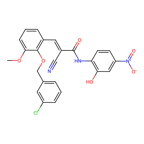 (E)-3-[2-[(3-chlorophenyl)methoxy]-3-methoxyphenyl]-2-cyano-N-(2-hydroxy-4-nitrophenyl)prop-2-enamide structure