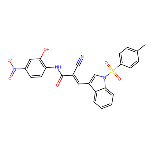 (E)-2-cyano-N-(2-hydroxy-4-nitrophenyl)-3-[1-(4-methylphenyl)sulfonylindol-3-yl]prop-2-enamide structure