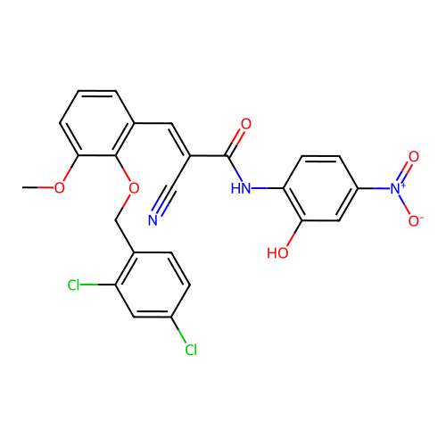 (E)-2-cyano-3-[2-[(2,4-dichlorophenyl)methoxy]-3-methoxyphenyl]-N-(2-hydroxy-4-nitrophenyl)prop-2-enamide structure