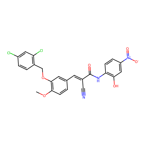 (E)-2-cyano-3-[3-[(2,4-dichlorophenyl)methoxy]-4-methoxyphenyl]-N-(2-hydroxy-4-nitrophenyl)prop-2-enamide structure