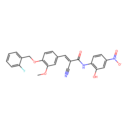 (E)-2-cyano-3-[4-[(2-fluorophenyl)methoxy]-3-methoxyphenyl]-N-(2-hydroxy-4-nitrophenyl)prop-2-enamide structure