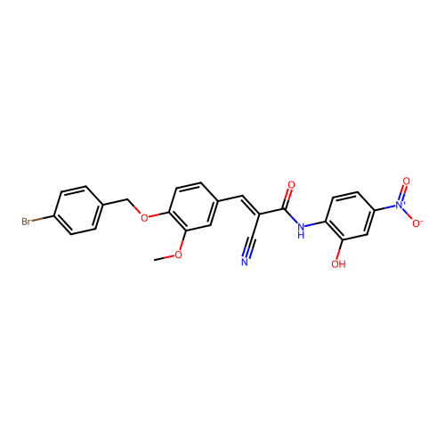(E)-3-[4-[(4-bromophenyl)methoxy]-3-methoxyphenyl]-2-cyano-N-(2-hydroxy-4-nitrophenyl)prop-2-enamide structure