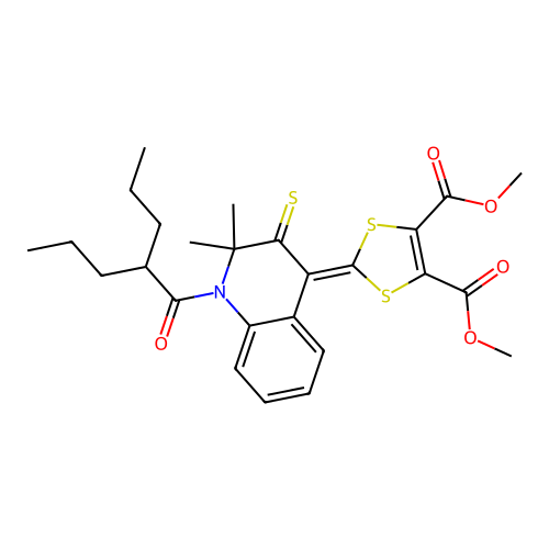 dimethyl 2-(2,2-dimethyl-1-(2-propylpentanoyl)-3-thioxo-2,3-dihydroquinolin-4(1H)-ylidene)-1,3-dithiole-4,5-dicarboxylate structure
