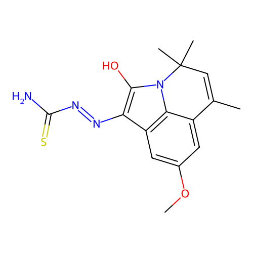 (2-Hydroxy-6-methoxy-9,11,11-trimethyl-1-azatricyclo[6.3.1.04,12]dodeca-2,4(12),5,7,9-pentaen-3-yl)iminothiourea structure