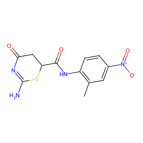 2-amino-N-(2-methyl-4-nitrophenyl)-4-oxo-5,6-dihydro-4H-1,3-thiazine-6-carboxamide structure