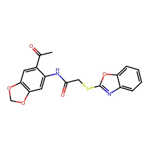 N-(6-acetyl-1,3-benzodioxol-5-yl)-2-(1,3-benzoxazol-2-ylsulfanyl)acetamide structure