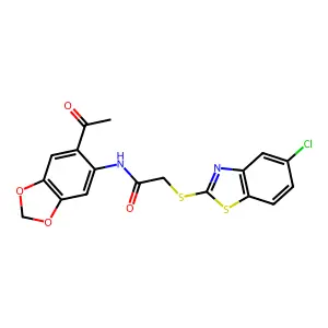 N-(6-acetyl-1,3-benzodioxol-5-yl)-2-[(5-chloro-1,3-benzothiazol-2-yl)sulfanyl]acetamide structure