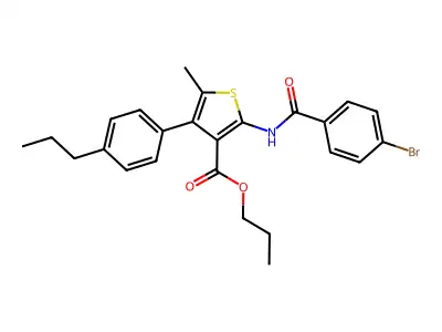 propyl 2-[(4-bromobenzoyl)amino]-5-methyl-4-(4-propylphenyl)-3-thiophenecarboxylate structure