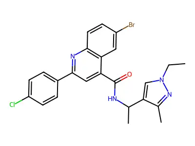 6-bromo-2-(4-chlorophenyl)-N-[1-(1-ethyl-3-methylpyrazol-4-yl)ethyl]quinoline-4-carboxamide structure